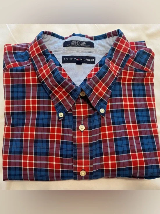 Tommy Hilfiger Men's 4XL Red and Blue Plaid Long Sleeve Button-Down Shirt - Picture 10 of 10